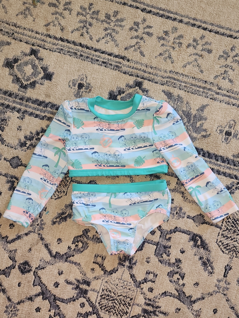 Girls' Aqua & Coral Long-Sleeve Bikini Set